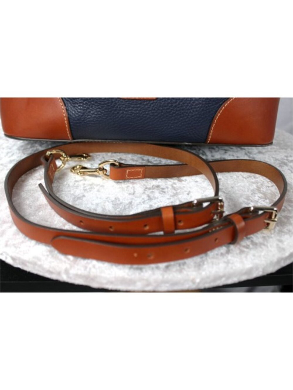 Dooney & Bourke Pebble Grain Leather Satchel Navy & British Tan Crossbody Bag - Picture 4 of 11